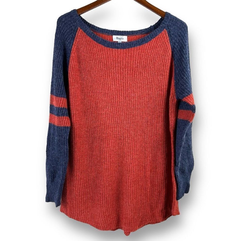 Military Hippie M Relaxed Fit Pullover Knit Sweater Rust‎ Orange Blue Slouchy